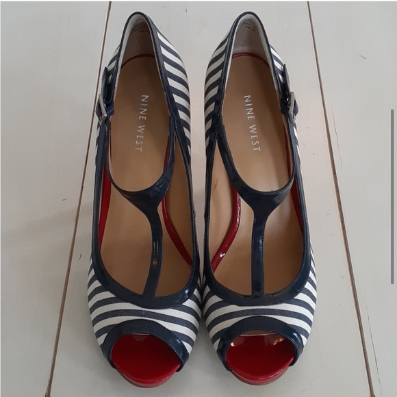 Nautical Sailor Navy Blue White Red Stripe Sailor Strappy 3.5 inch Heels - Picture 6 of 6